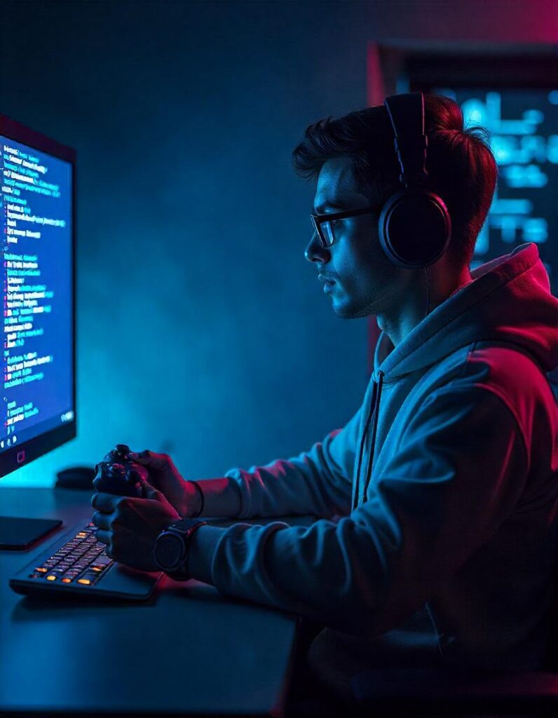 "Uma imagem que combina elementos jurídicos e tecnológicos, representando a inteligência artificial aplicada aos jogos digitais. A imagem deve incluir uma balança de justiça equilibrando códigos e algoritmos ao lado de um controle de videogame e um avatar digital, simbolizando os desafios legais e direitos autorais no contexto dos jogos. Inclua também símbolos de privacidade e proteção de dados, como um cadeado ou ícones de segurança. O fundo pode ter elementos futuristas, com uma paleta de cores sóbria e tecnológica, como azul escuro, cinza e branco, para refletir o tema jurídico e inovador."