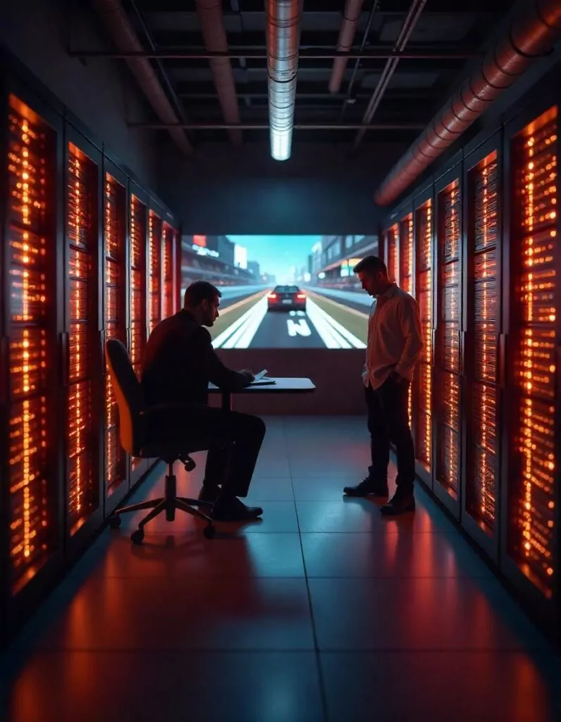 Advogado e desenvolvedor de jogos analisando contrato sobre infraestrutura digital para games, com servidores e elementos tecnológicos ao fundo. Representa temas como SLAs, proteção de dados (LGPD) e contratos de serviços de cloud e servidores no setor de games.